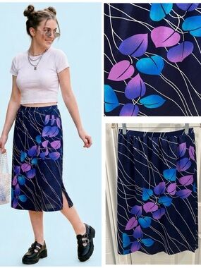 Vintage Roxanne Navy Abstract Leaf Purple Blue Midi Skirt 70s Retro High Slit M
